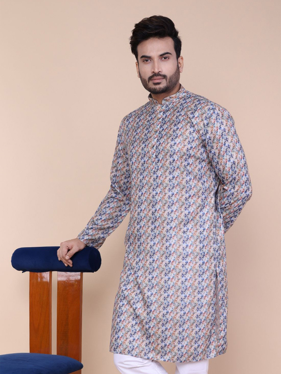 W & G Abstract Printed Mandarin Collar Cotton Straight Kurta