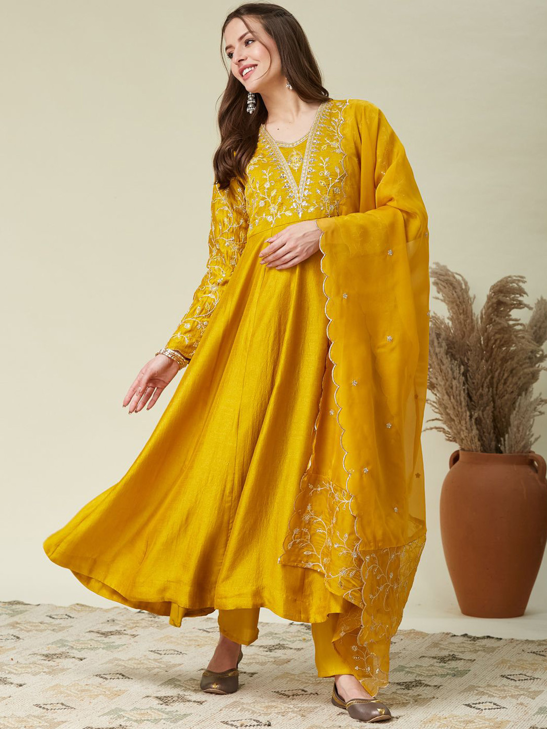 MOKOSH Floral Embroidered Sequnnied Silk Anarkali Kurta With Trousers & Dupatta