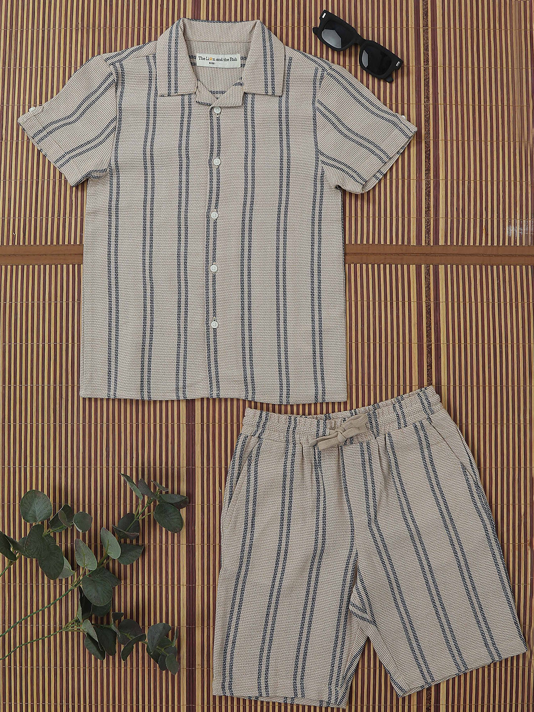 The Lion and The Fish Boys Textured Shirt & Short Co-Ord Set Tan Navy Stripes