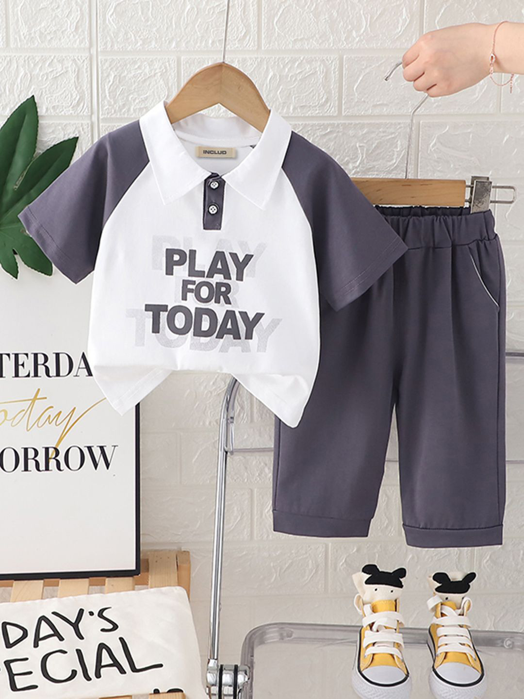 INCLUD Boys Typographic Printed Short Sleeves Polo T-Shirt With Pants