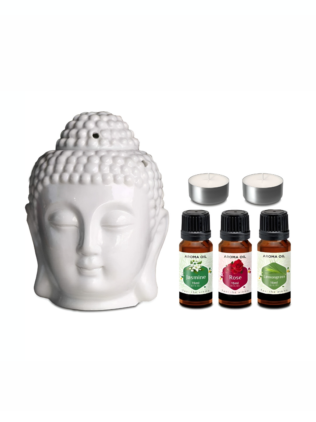PEEPALCOMM 5Pcs White T-Light Buddha Candle & Oils Aroma oil Diffusers
