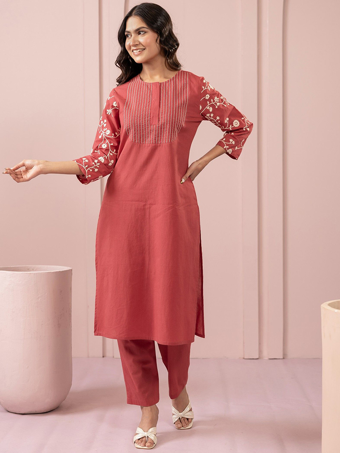 AUTUMN LANE Purna Floral Yoke Design Thread Work Pure Cotton Kurta With Trousers