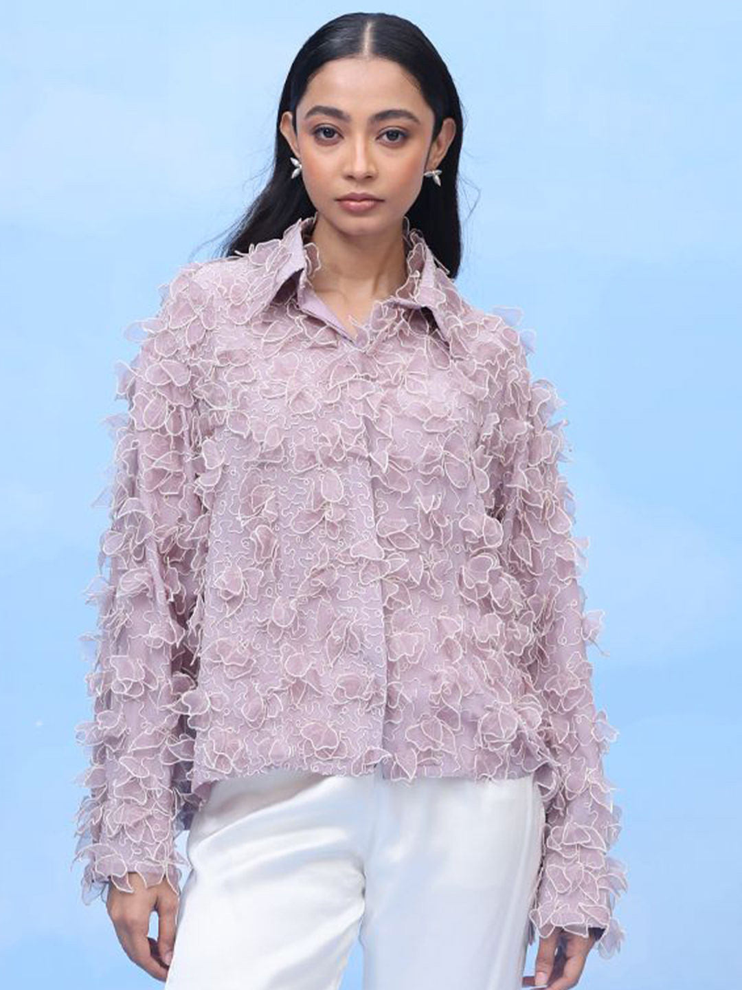 COUCHE BY ANANDINI Floral Embroidered Spread Collar Premium Oversized Silk Shirt