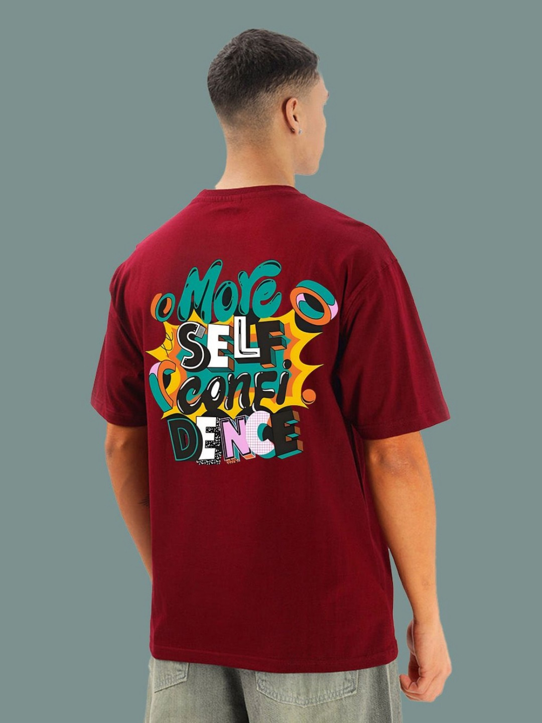 BDSQUARE Self Confidence Typography Printed Bio-Wash Oversized Cotton T-shirt