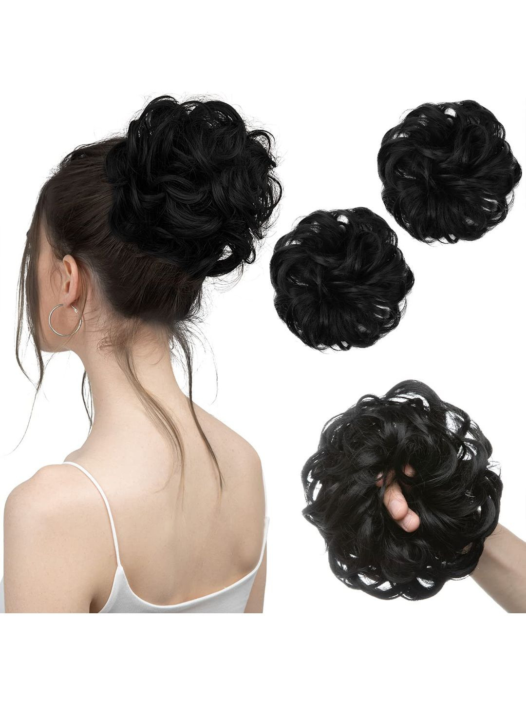 KRENOZ Halo Large Wavy Curly Bun Hair Extension - Black - 6 Inches