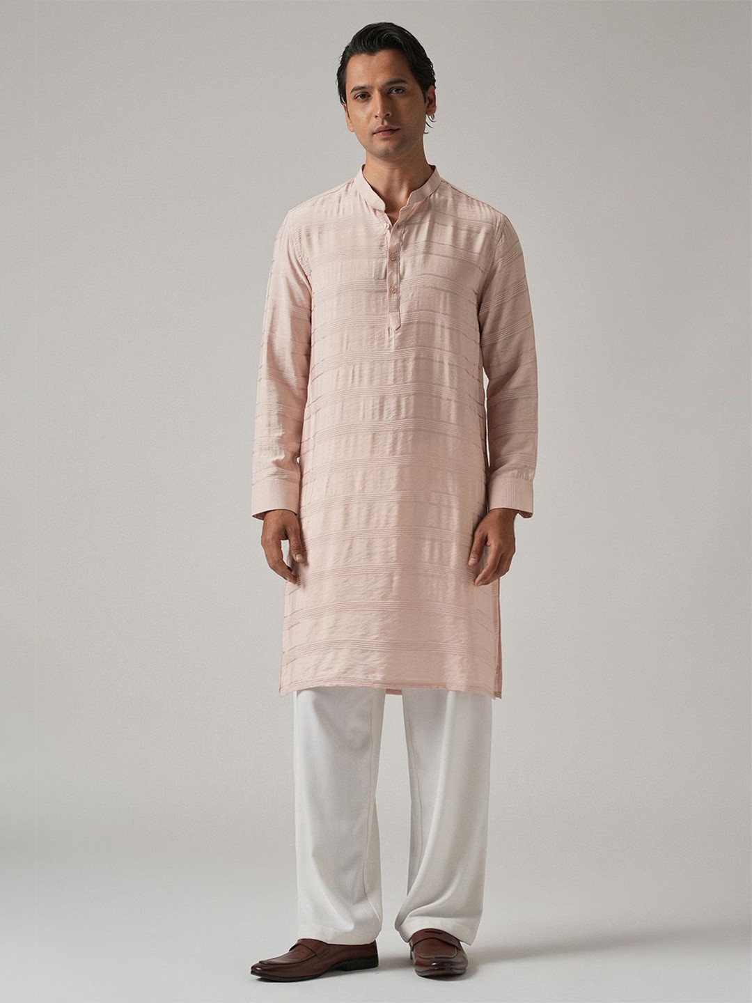 Banana Club Subtle Striped Mandarin Collar Long Roll-Up Sleeves Straight Kurta