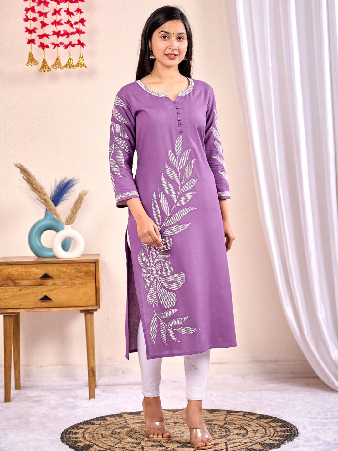 AUTUMN LANE Hansika Orchid Floral Printed Pure Cotton Kurta