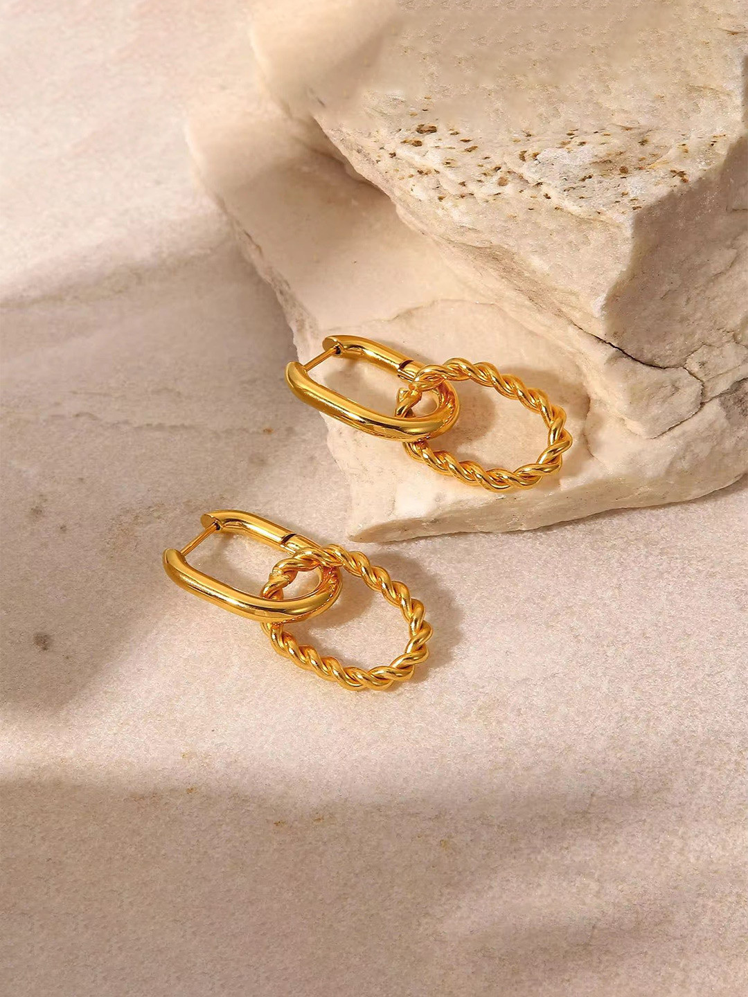THEPANDASTOREE 18KT Gold Plated Stainless Steel Contemporary Twisted  Hoop Earrings