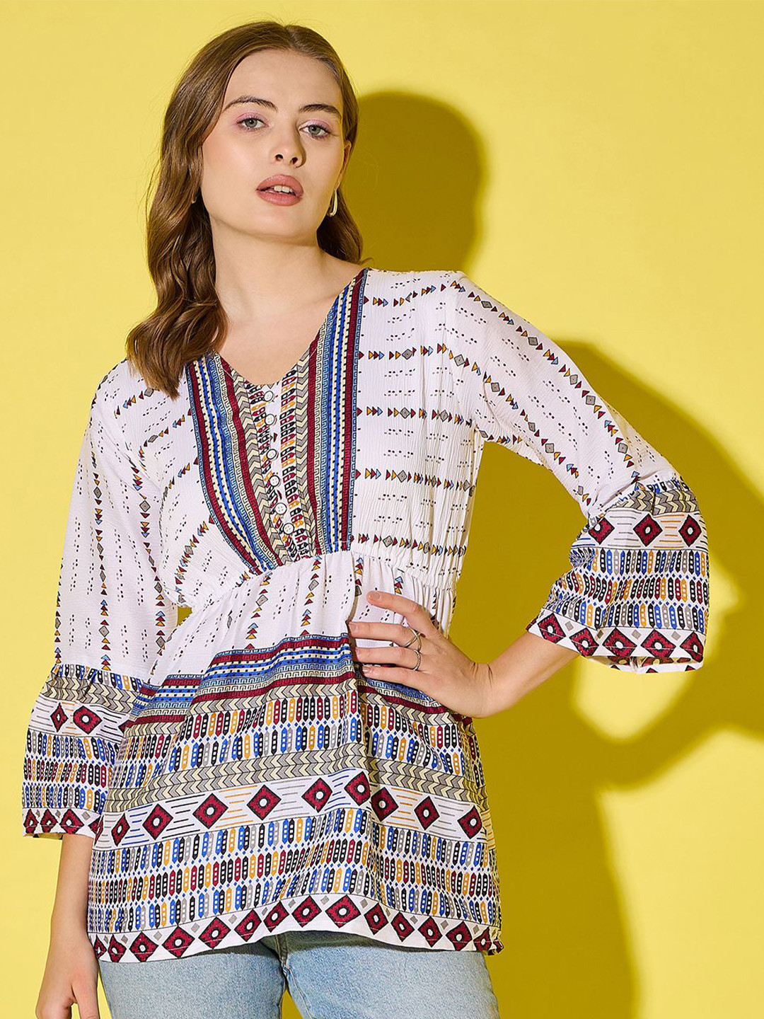 BUY NEW TREND Tribal Print Flared Sleeve Crepe Shirt Style Longline Top