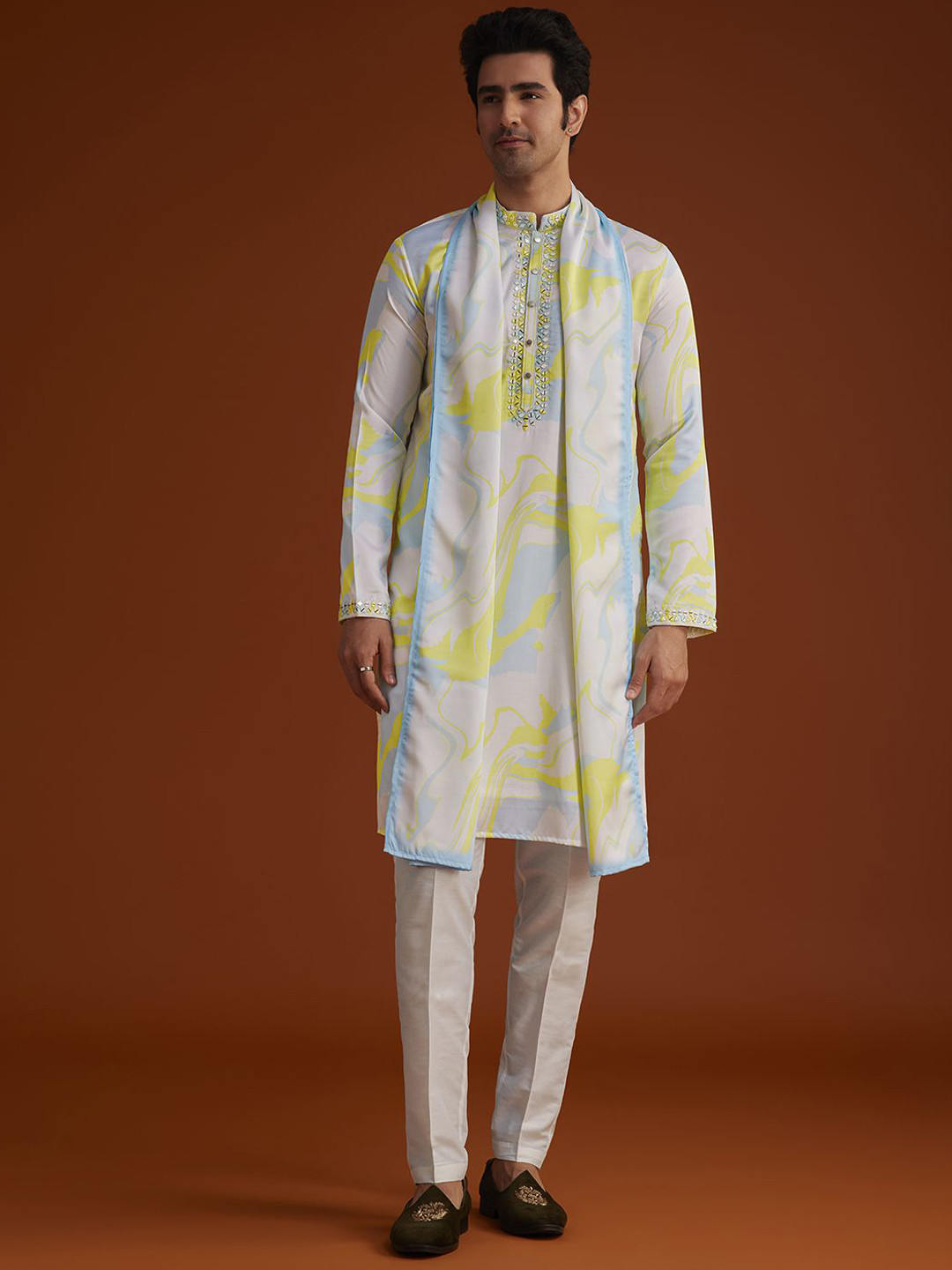 KALKI Fashion Marble Printed Mirror Work Mandarin Collar Kurta With Trousers & Dupatta
