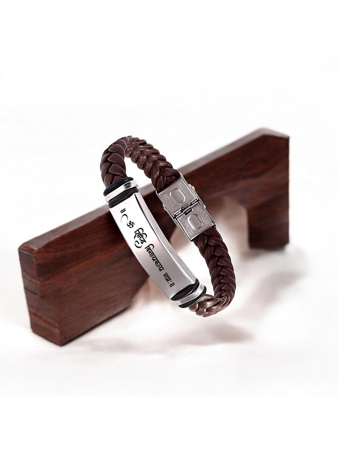 M Men Style Men Leather Silver-Plated Wraparound Shri Ganeshay Namah Braided Bracelet