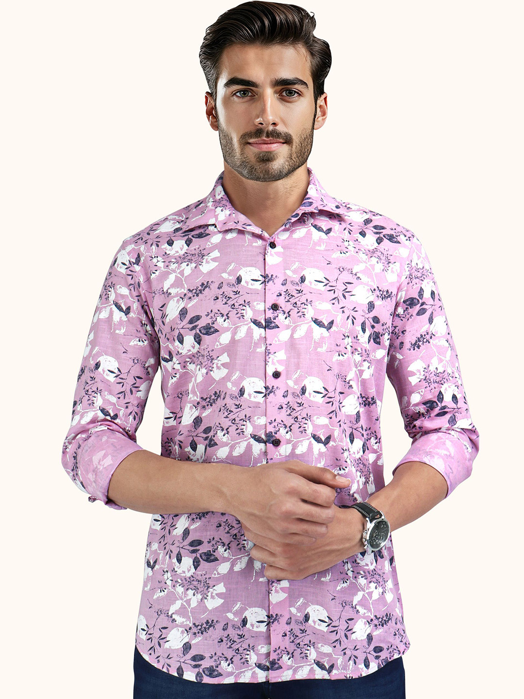 ROUGHELLS Floral Printed Spread Collar Casual Slim Fit Shirt