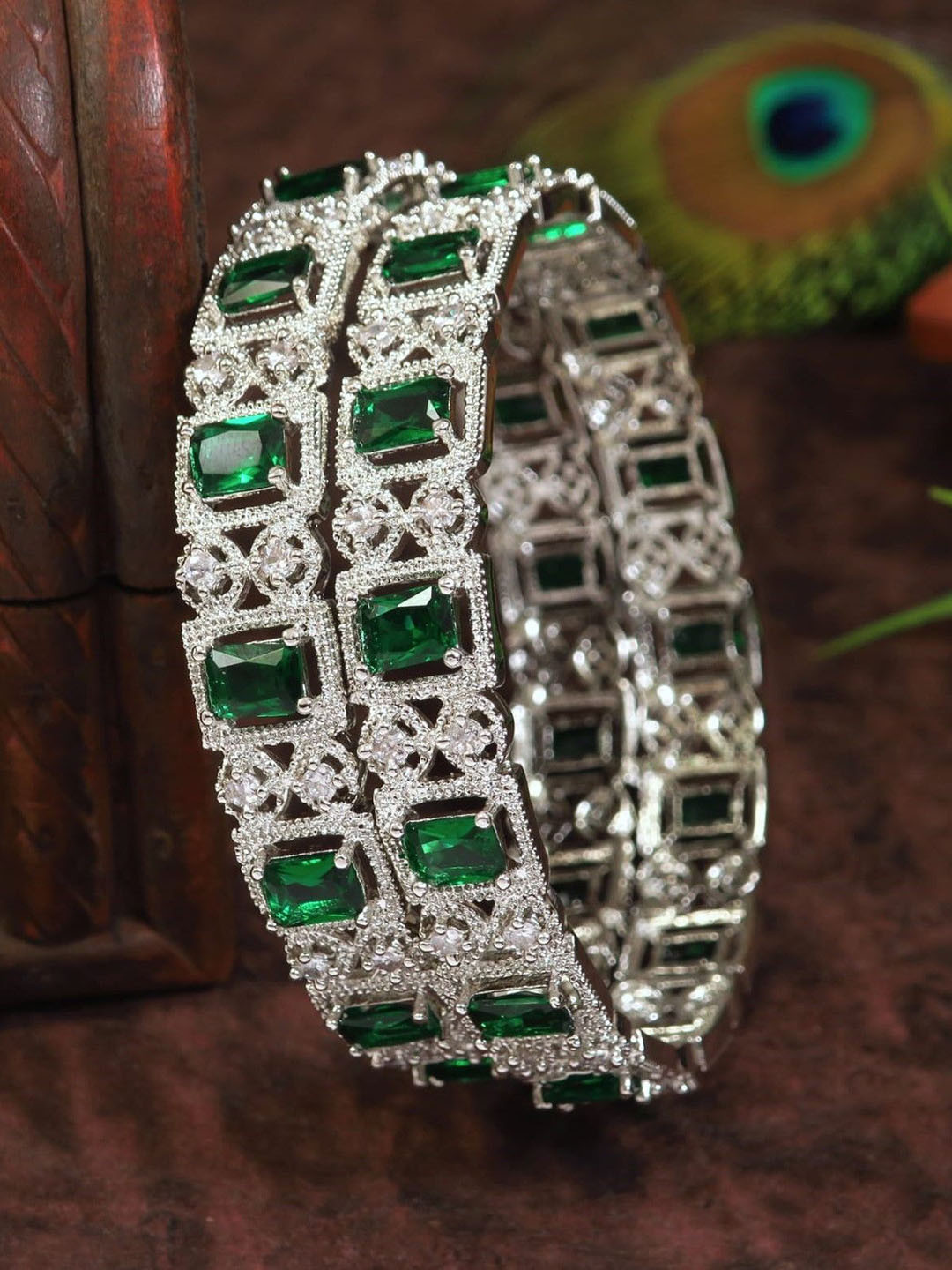 SGA FASHION Set Of 2 Silver-Plated American Diamond Studded Polish Bangles
