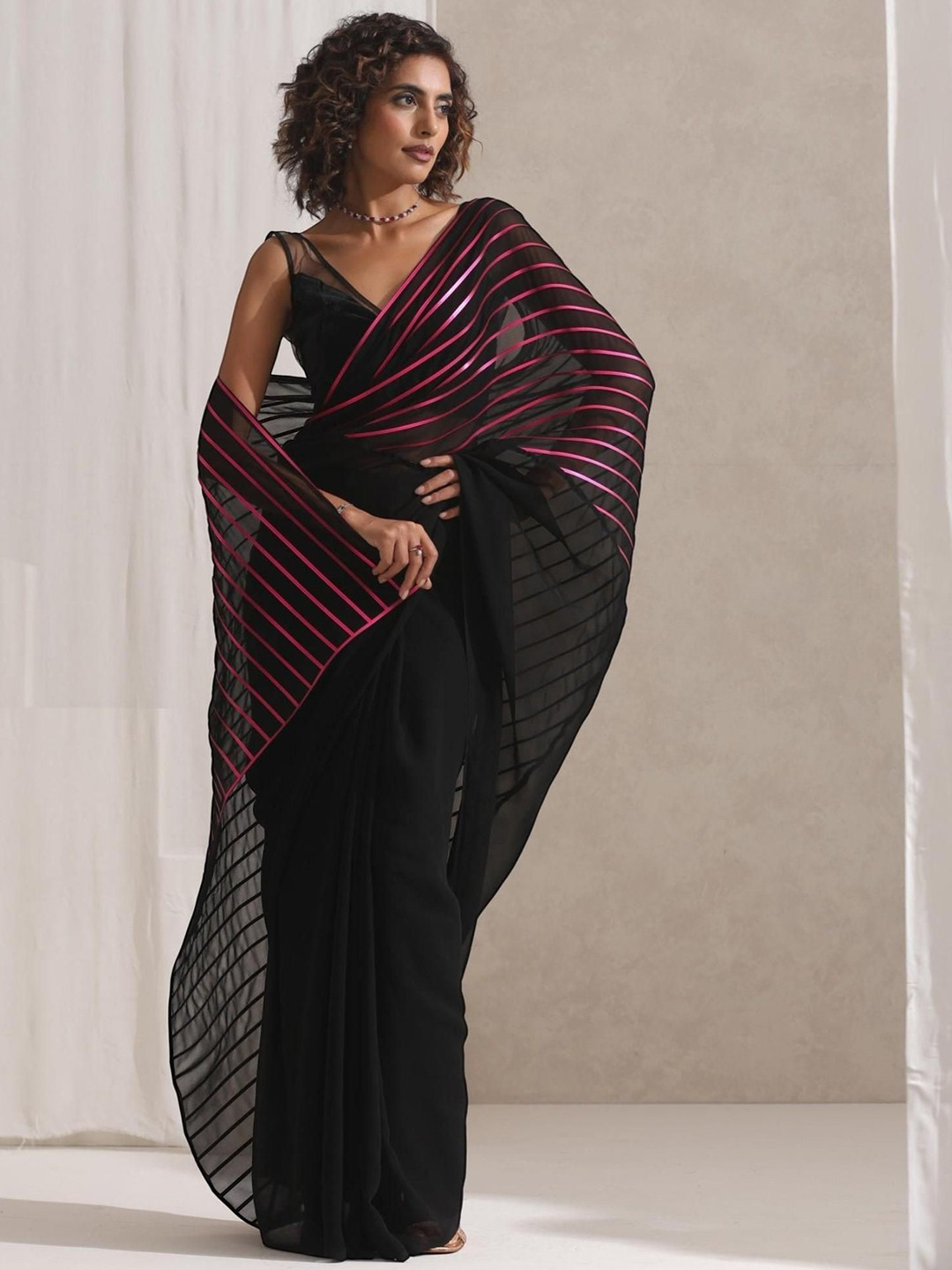 Swtantra Impression Black Pink Striped Georgette Poly Saree