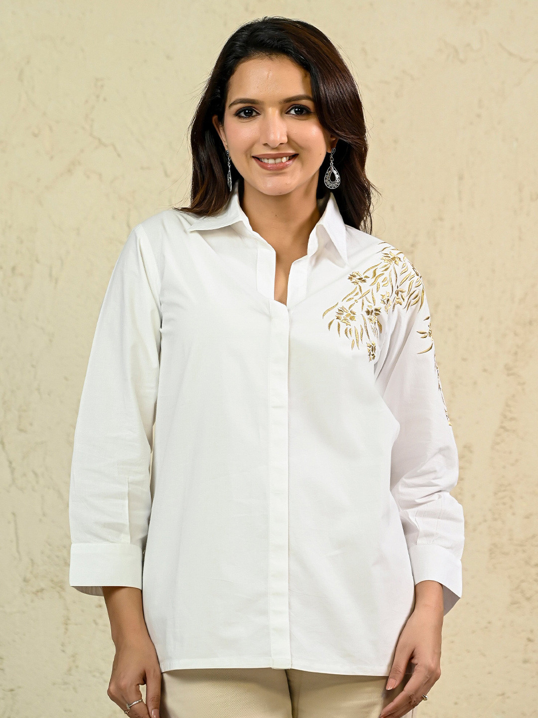 INAAYA JAIPUR Embroidered Cutaway Collar Modern Cotton Shirt