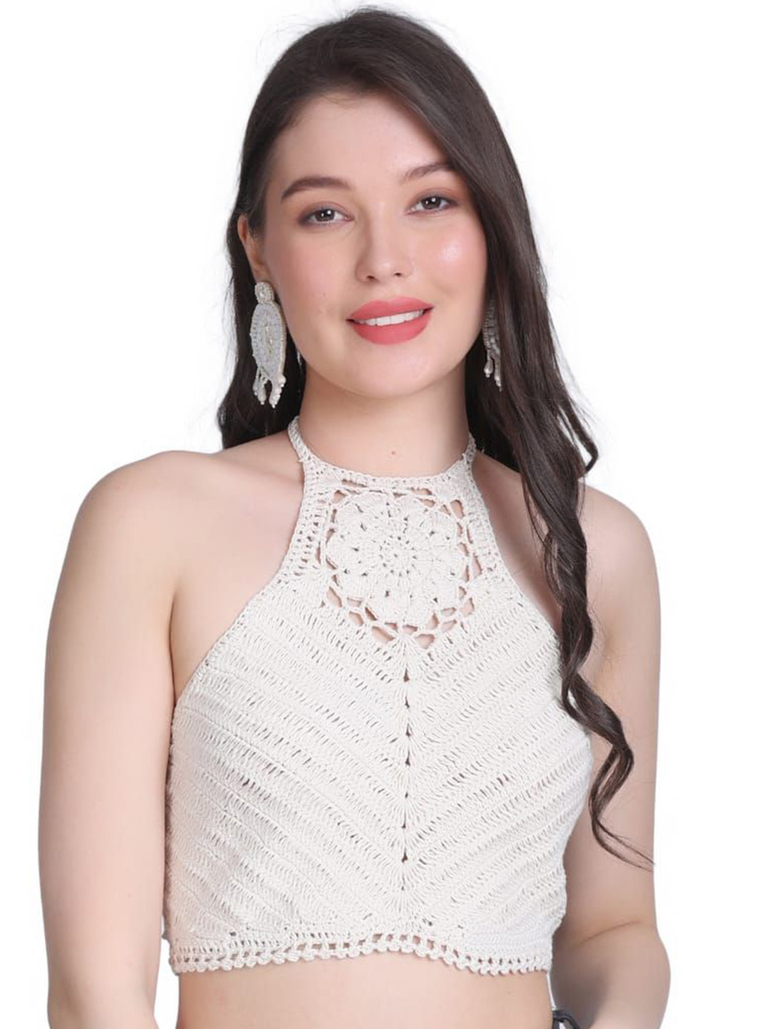 NYCRA Cream Crochet Halter Neck Crop Top