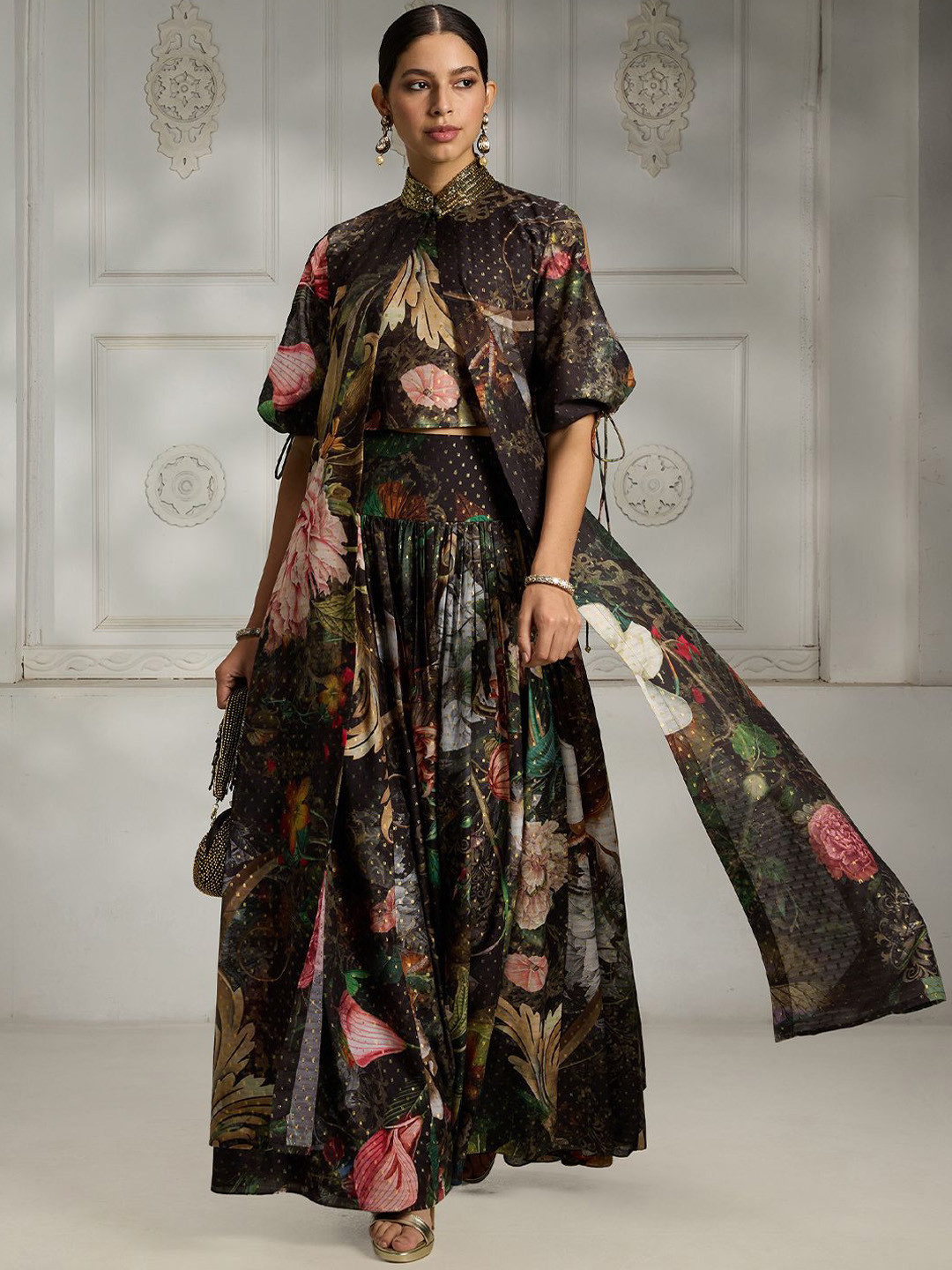 Rivaar By Rocky Star Botanical Printed Top With Shrug & Skirt