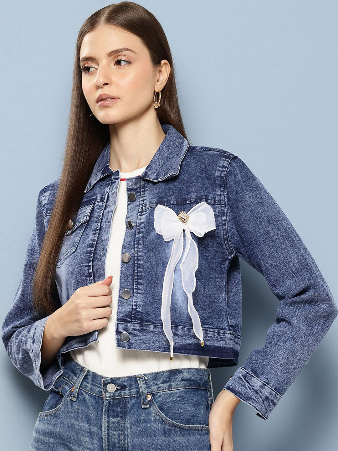 CORSICA Crop Self Design Denim Crop Jacket