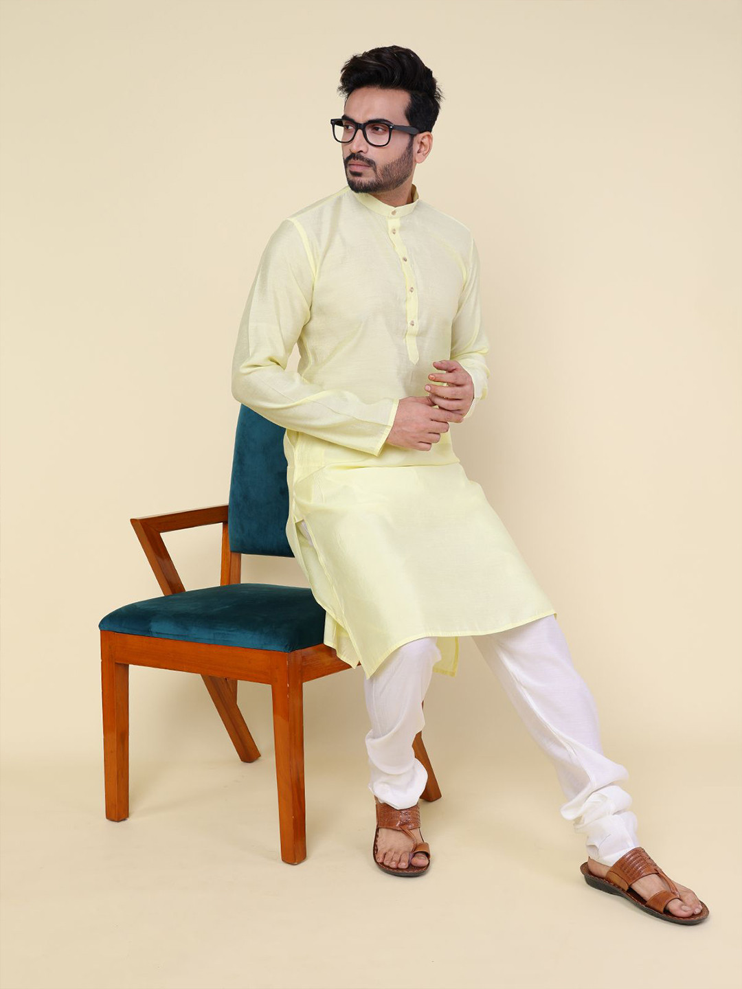 W & G Cotton Silk Mandarin Collar Straight Long Kurta