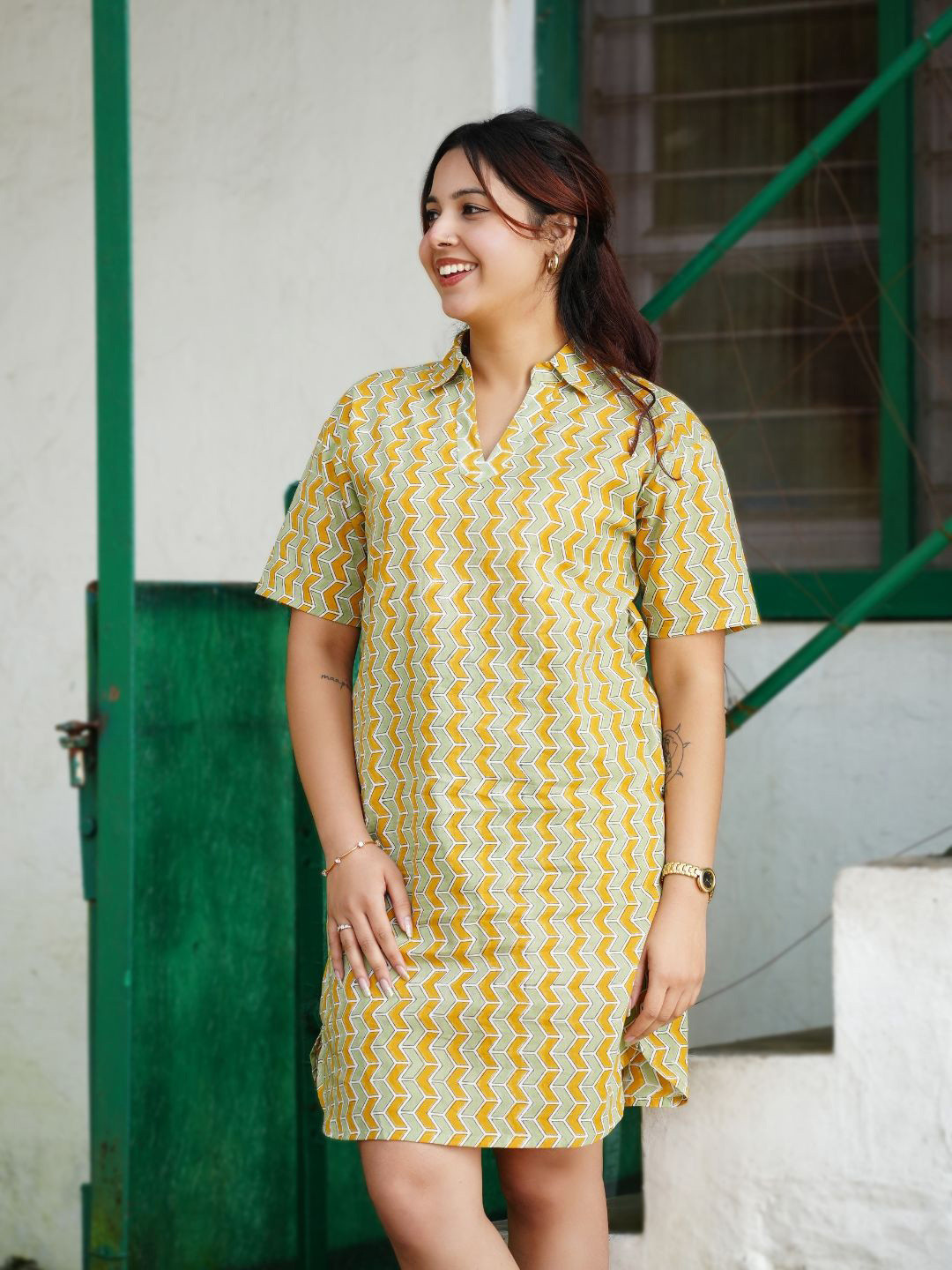 Nilam India Hand Block Print Green Geometric Straight Organic Cotton Dress