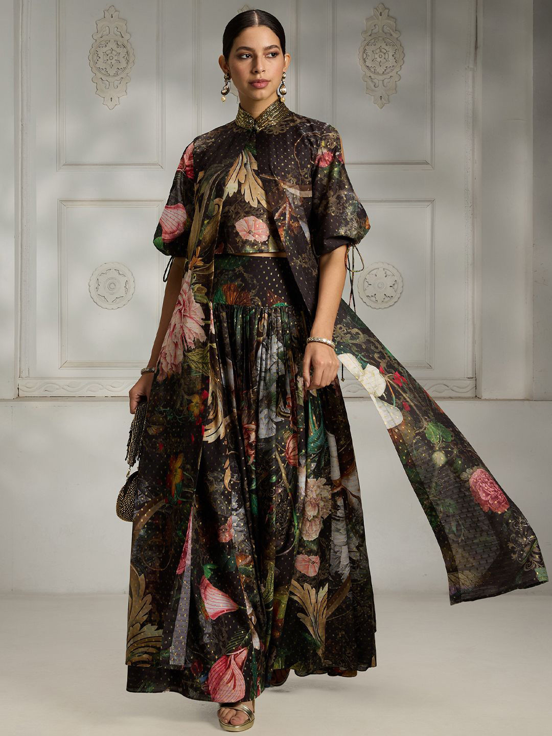 Rivaar By Rocky Star Botanical Printed Crop Top With Skirt & Cape Co-Ords