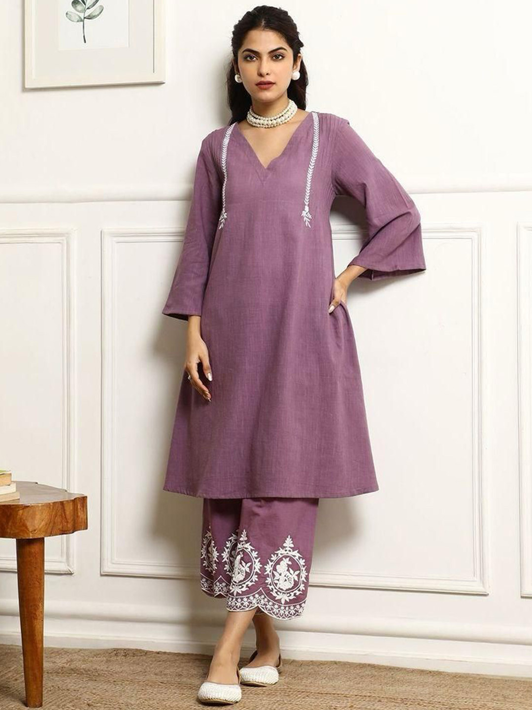 Aaysa Kurti V-Neck Pin Tucks Thread Work Pure Cotton A-Line Kurta With Palazzo And Dupatta