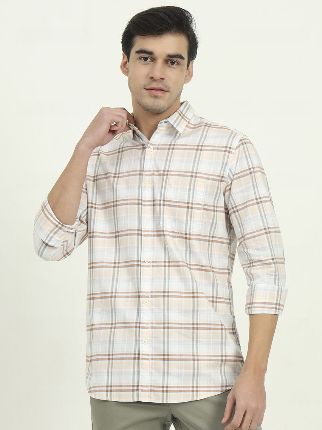 JADE BLUE Tartan Checks Printed Cutaway Collar Slim Fit Opaque Casual Cotton Shirt