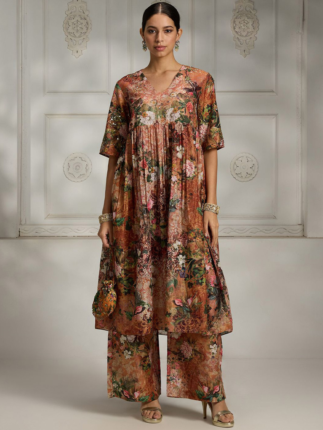 Rivaar By Rocky Star Women Ethnic Motifs Printed Empire Beads and Stones Kurta with Palazzos