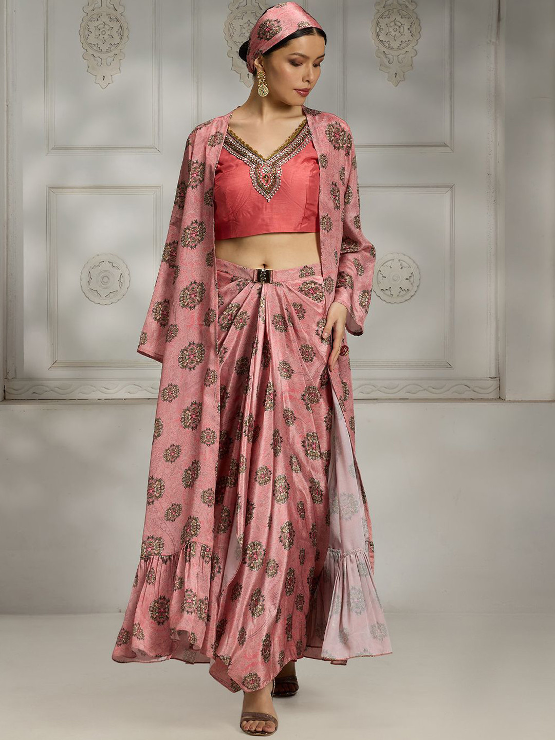 Rivaar By Rocky Star Printed V Neck Top Shrug With Skirt Co-Ords Set