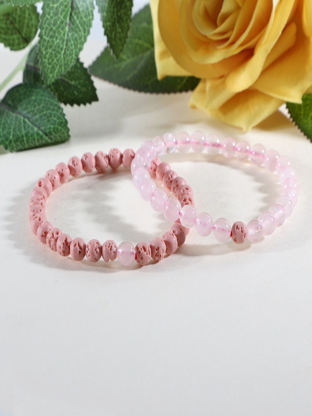Nirvana Unisex Set Of 2 Rose Quartz & Lava Beaded Elasticated Bracelet