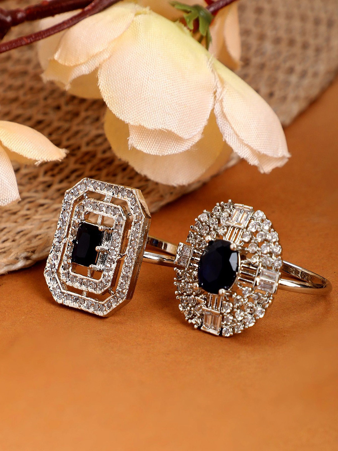 Opal Touch Set Of 2 Rhodium-Plated Cubic Zirconia Studded Finger Ring