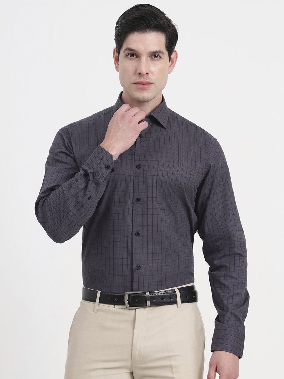JADE BLUE Grid Tattersall Checks Printed Opaque Formal Cotton Shirt