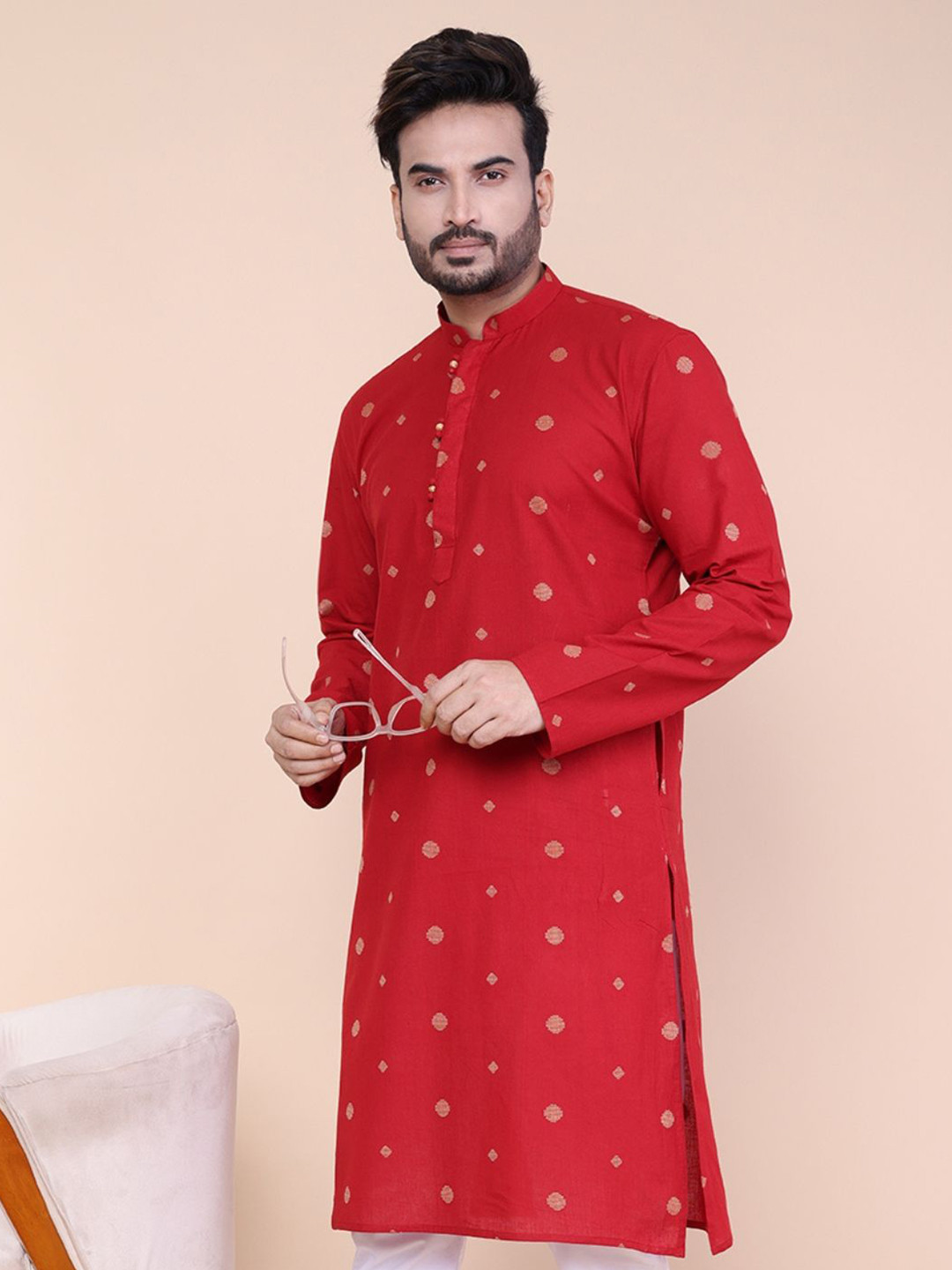 W & G Geometric Woven Design Cotton Silk Mandarin Collar Straight Long Kurta