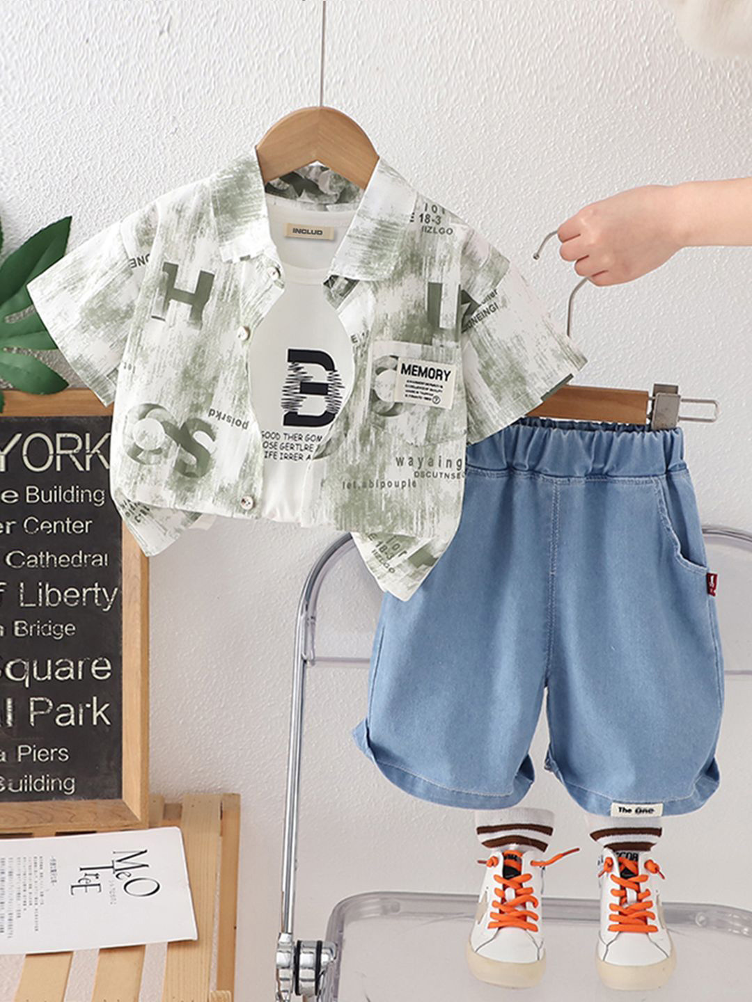 INCLUD Boys Printed Short Sleeves Shirt With T-Shirt And Denim Shorts
