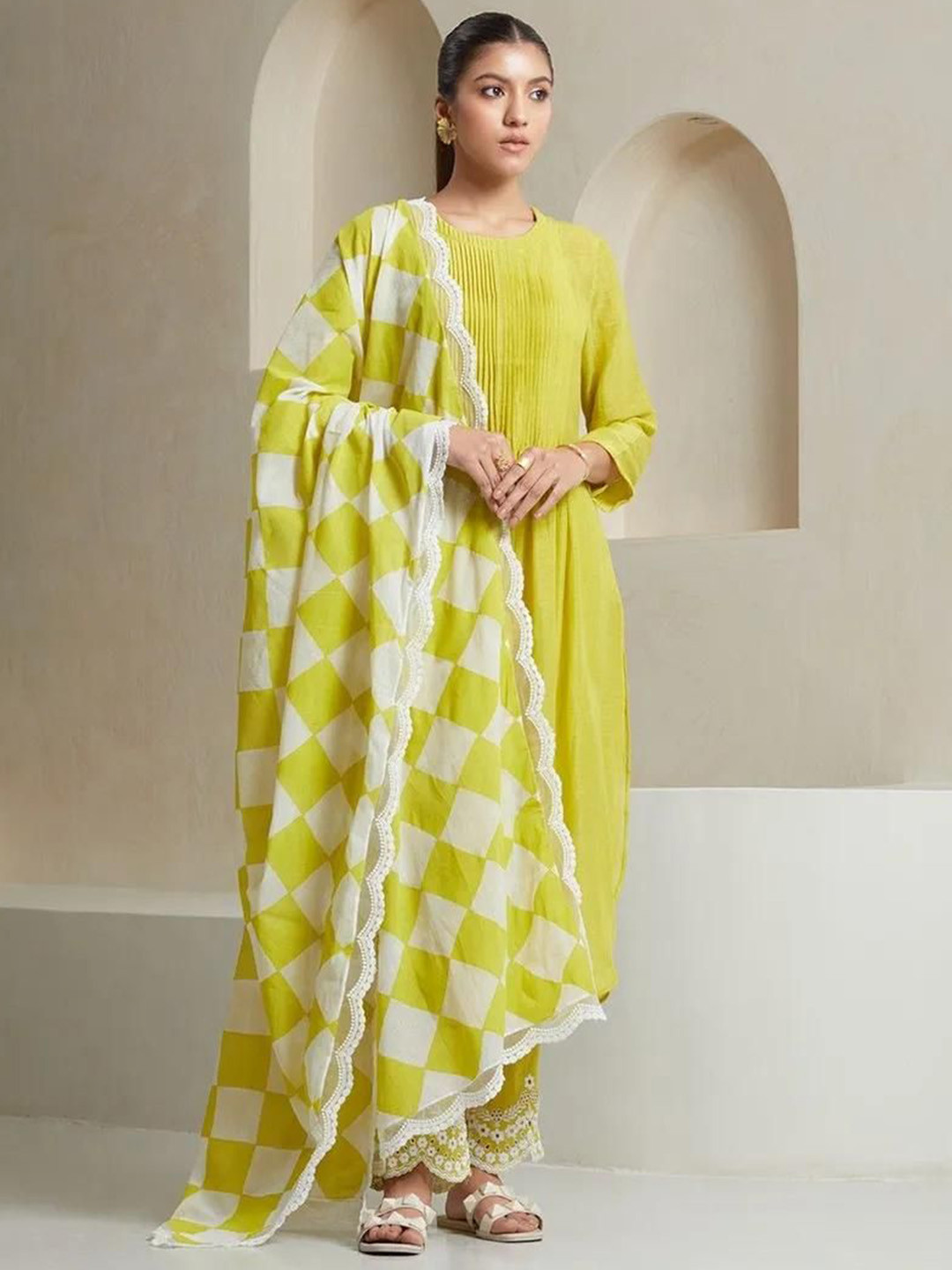 Aaysa Kurti Pin Tucks Pure Cotton A-Line Kurta With Trouser And Dupatta