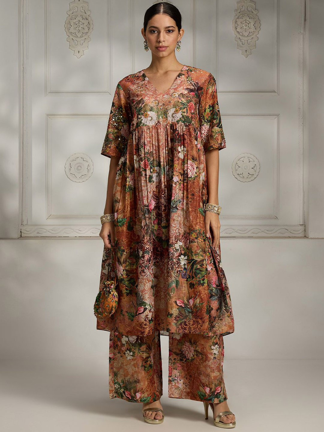 Rivaar By Rocky Star Women Floral Printed Pleated Beads and Stones Kurta with Palazzos