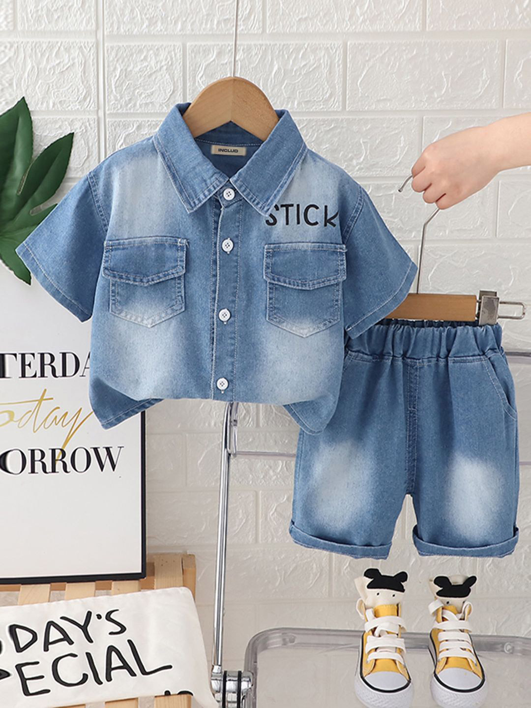 INCLUD Boys Printed Short Sleeves Denim Shirt With Shorts