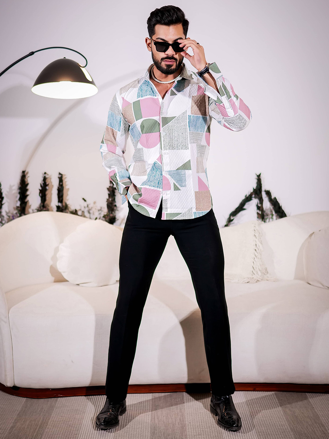Foomer Geometric Printed Spread Collar Standard Cotton Casual Shirt