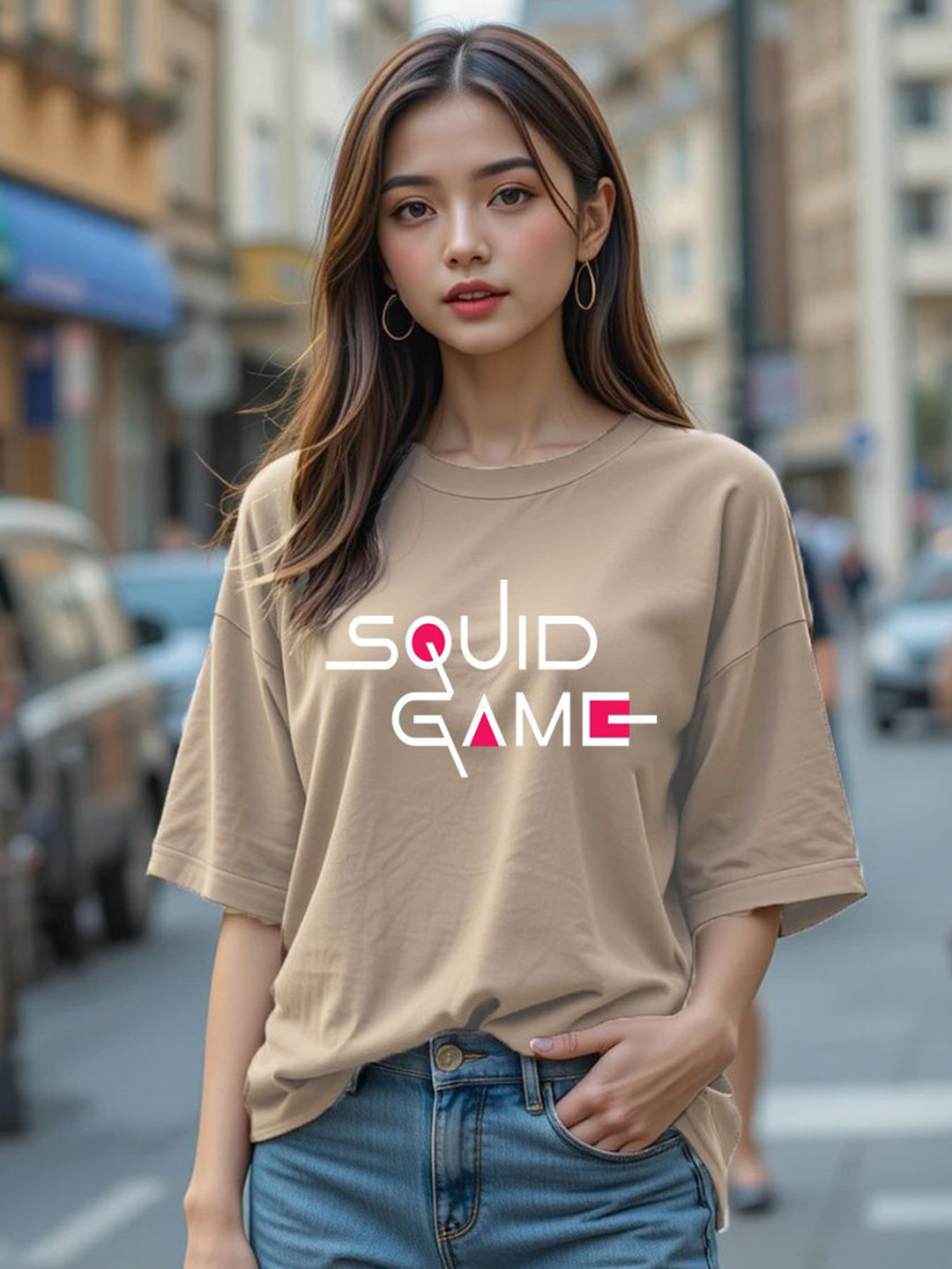 Genzy Squid Game Printed Drop-Shoulder Sleeves Cotton Oversized T-shirt
