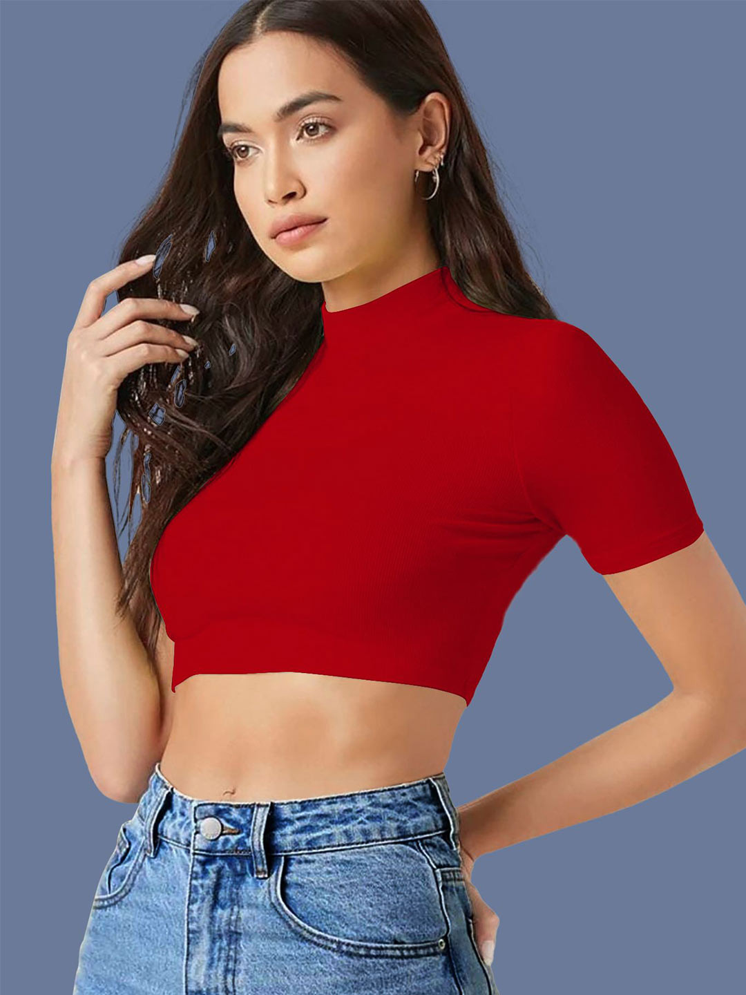 Dream Beauty Fashion Women XS High Neck Short Sleeves Fitted Crop Top