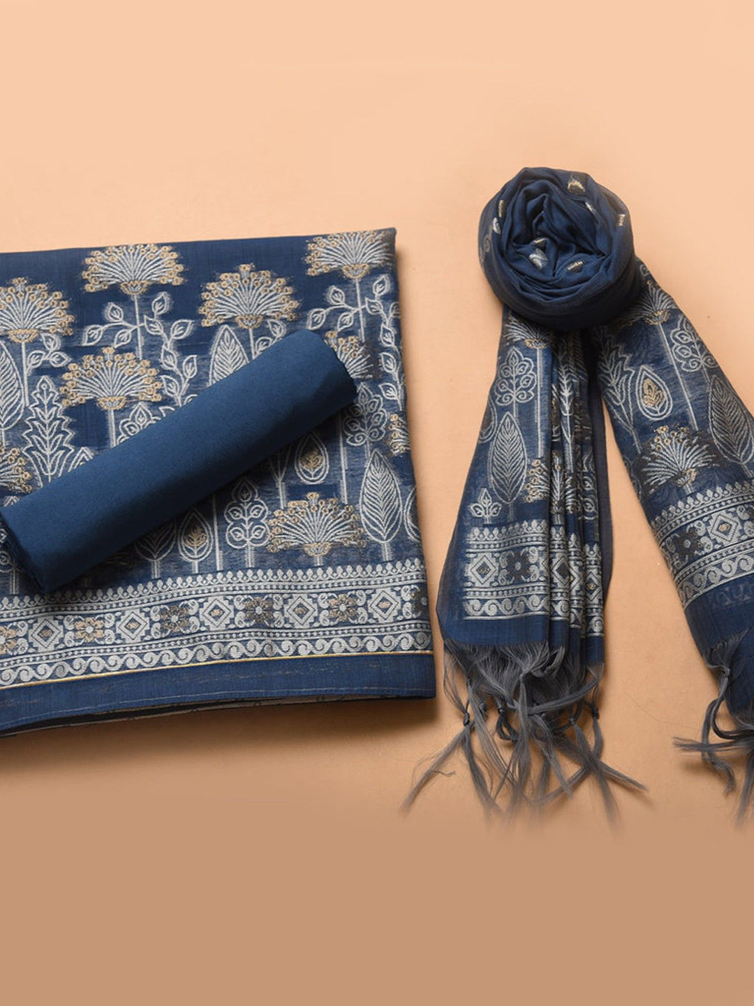 LeeliPeeri Designer Floral Woven Design Cotton Jamdani Unstitched Dress Material