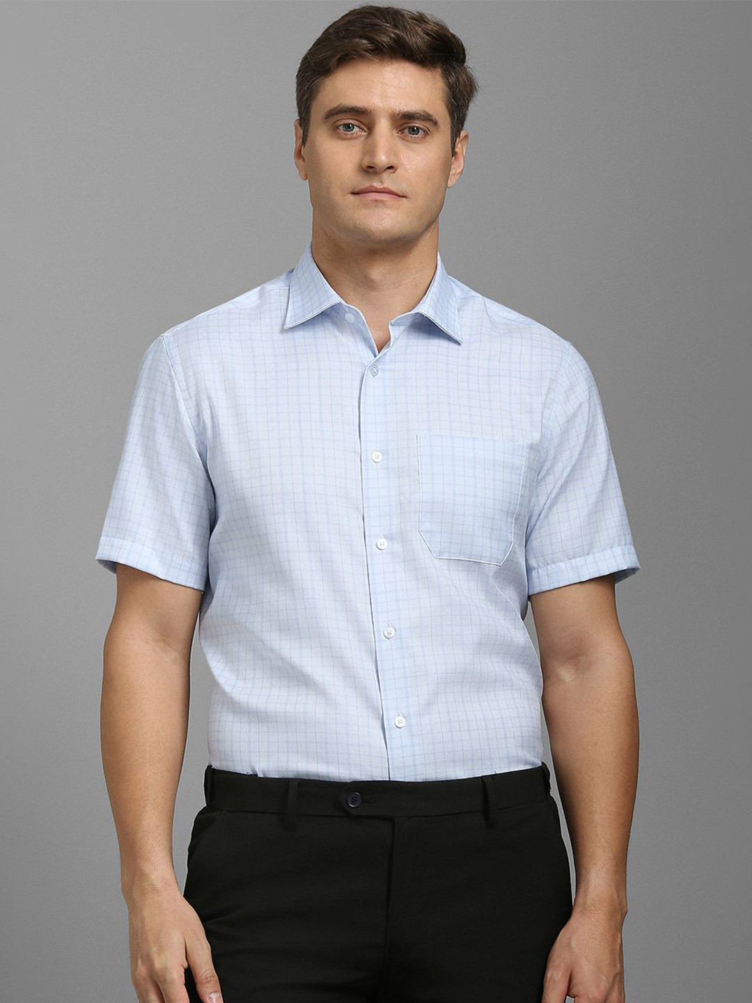 Louis Philippe Windowpane Checks Spread Collar Formal Cotton Shirt