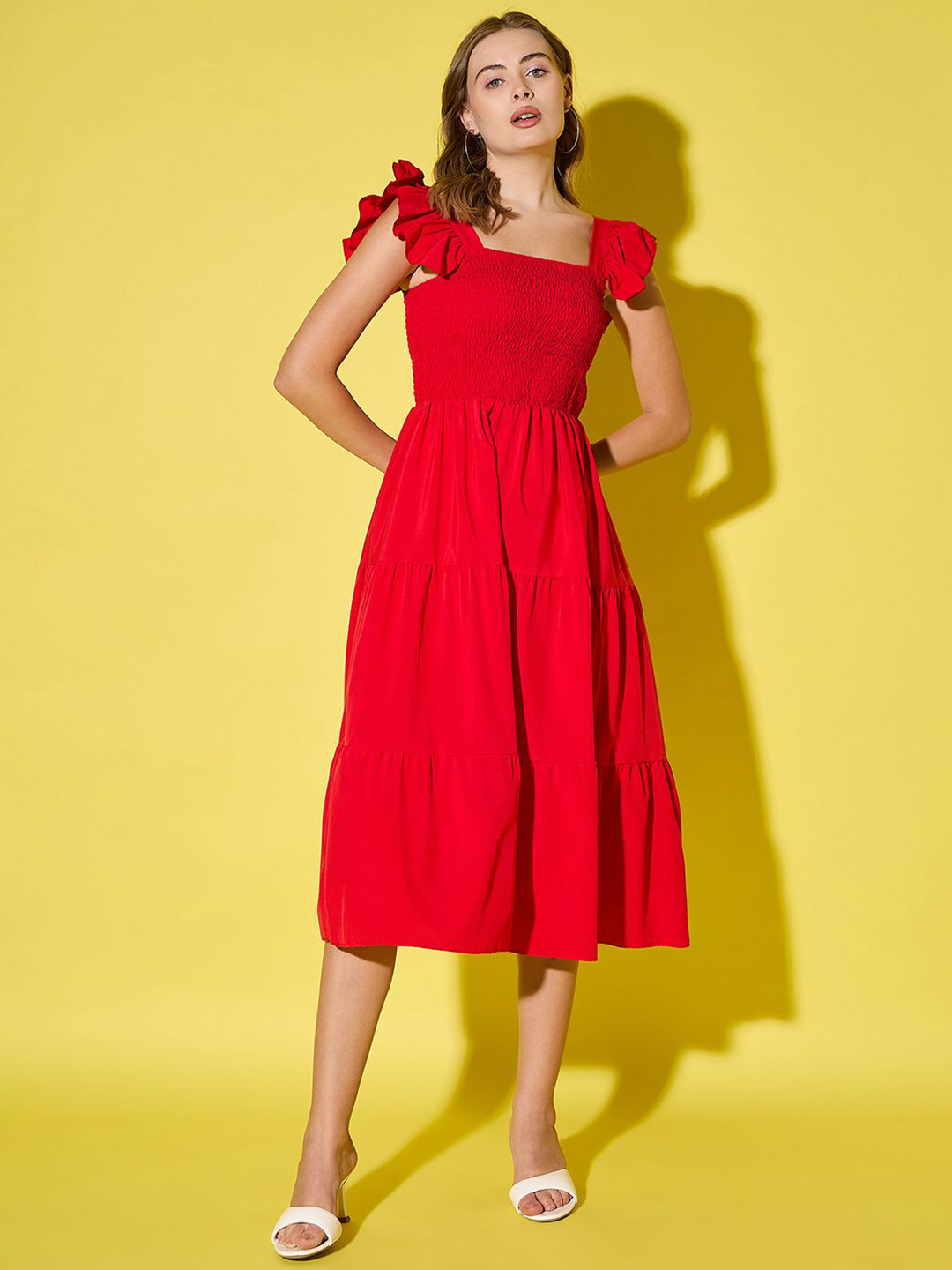 DIMPY GARMENTS Red Solid Midi Dress