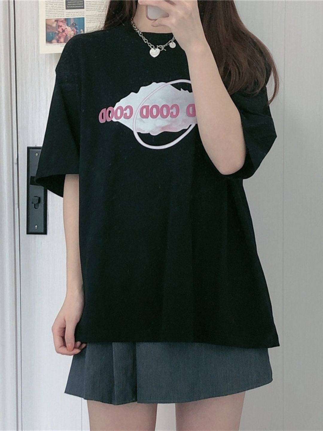 StyleCast Black & Silver Toned Graphic Printed Oversized T-shirt