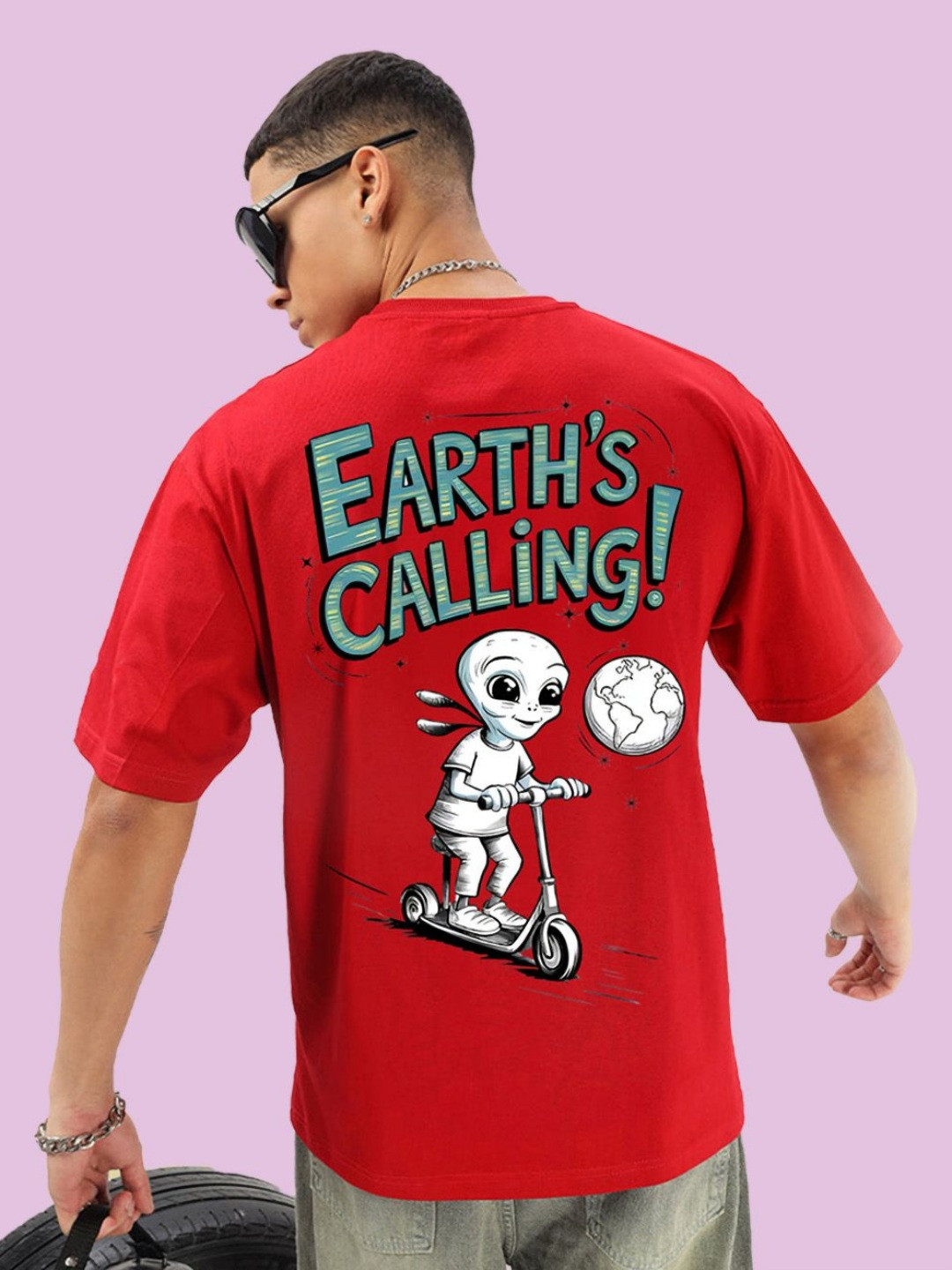 BDSQUARE Earth Calling Graphic Printed Bio-Wash Oversized Cotton T-shirt