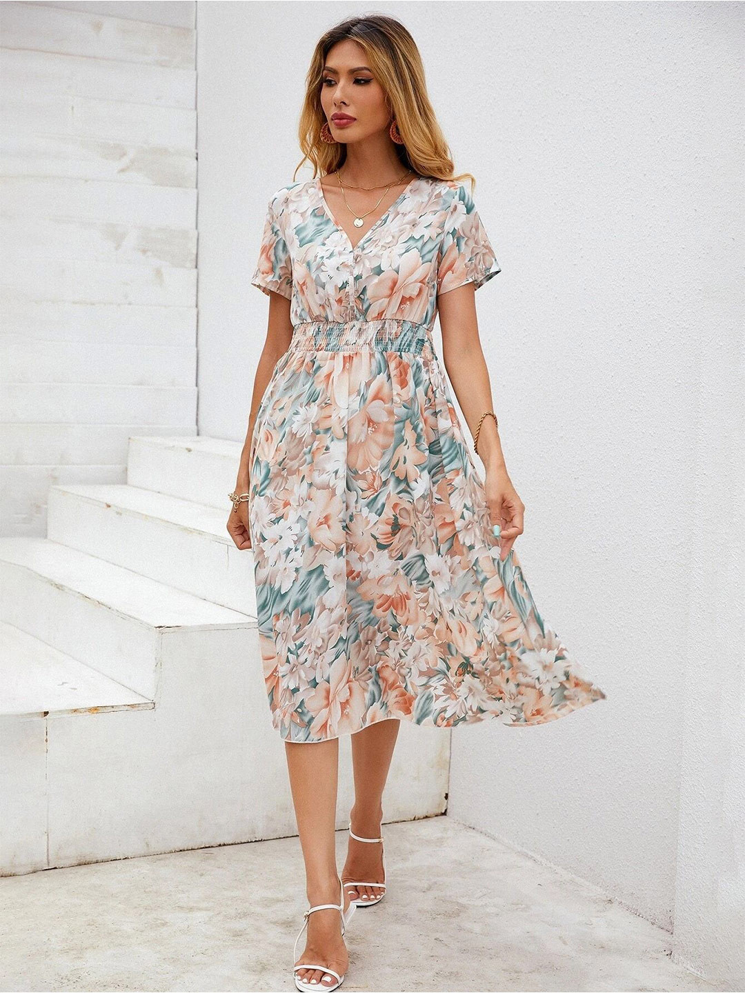 Stylecast X Slyck Women Floral Print Smocked Detail Fit & Flare Midi Dress