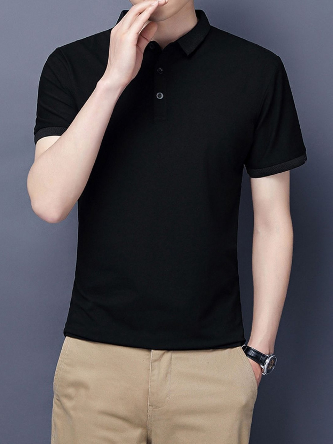 StyleCast Black Polo Collar Cotton T-shirt