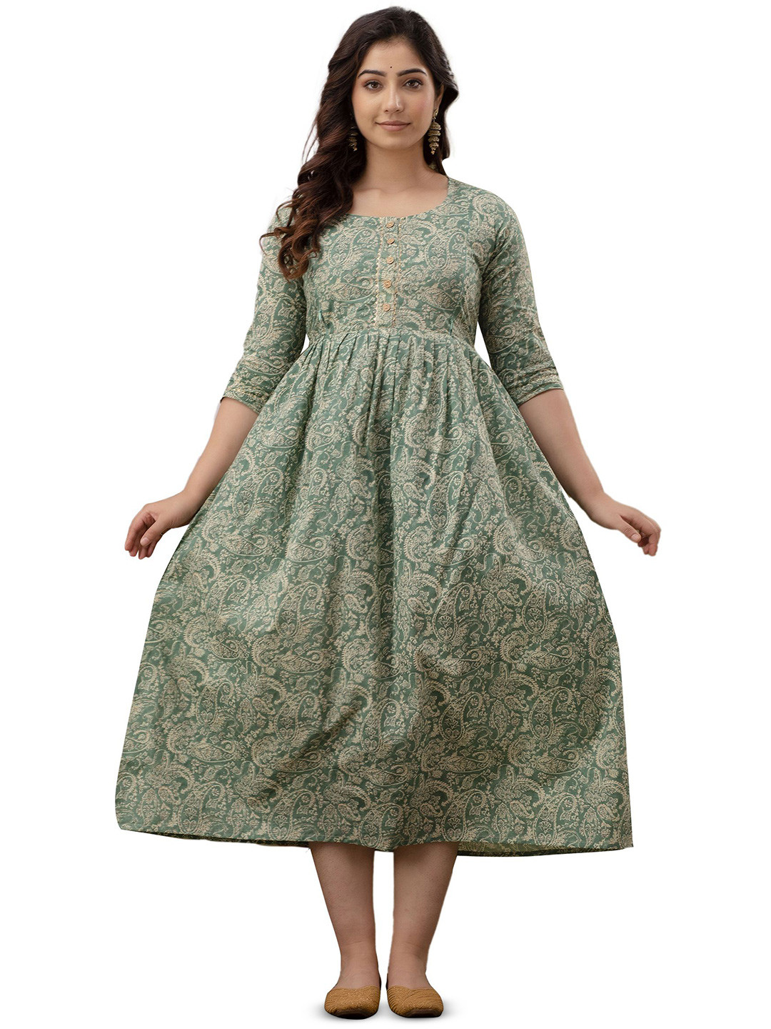 ANUOM Floral Printed Gathered or Pleated Round Neck Midi Fit & Flare Dress