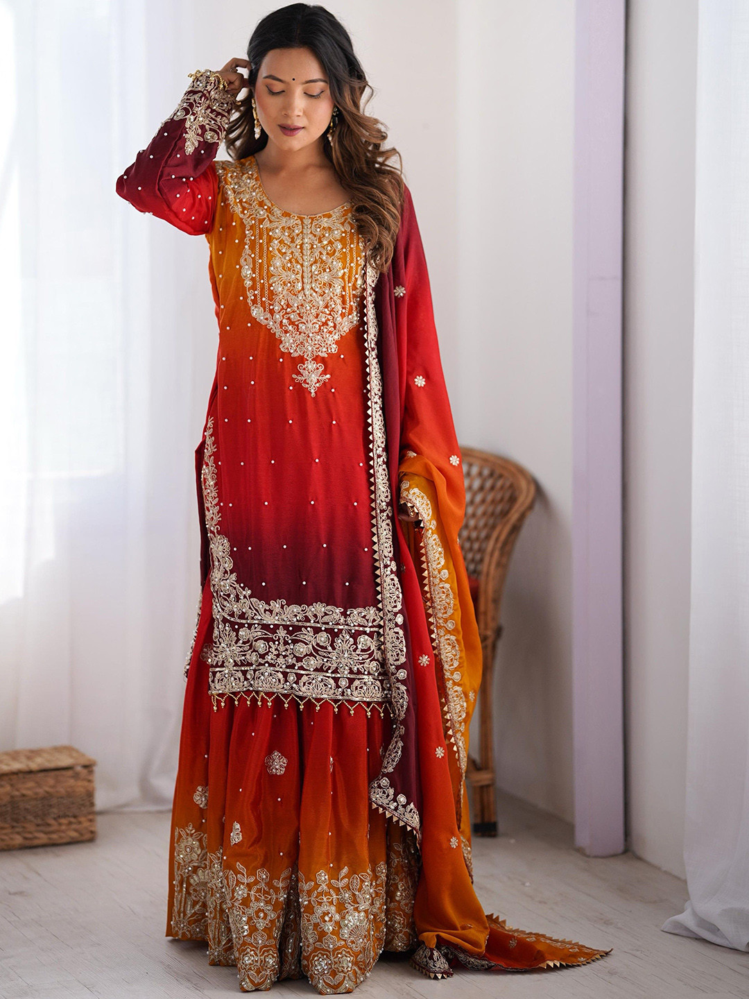 LeeliPeeri Designer Floral Embroidered Zari Chinon Straight Kurta With Sharara & Dupatta