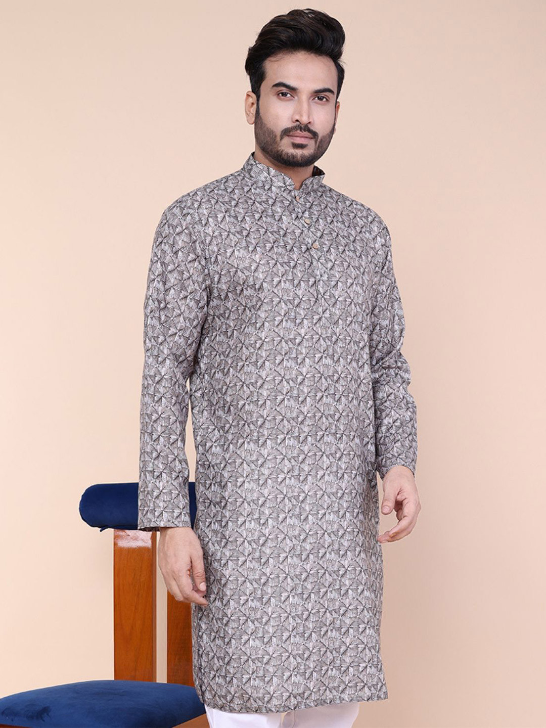 W & G Geometric Printed Mandarin Collar Cotton Straight Kurta